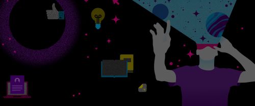 Stilizēts ilustratīvs attēls ar cilvēka figūru, kas skatās virtuālajā telpā, kur redzamas planētas, gaismas objekti un digitālo ikonu simboli tumšā kosmiskā fonā